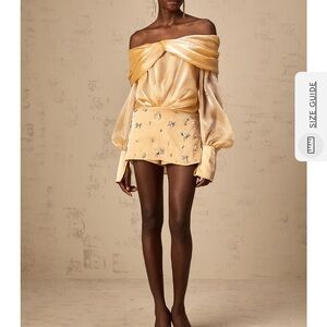 Off-Shoulder Gold Mini Dress with Embellished Skirt